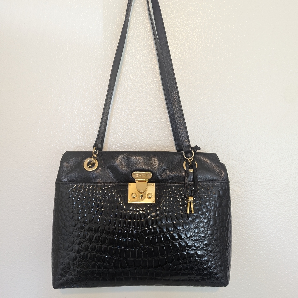 Bally Black Croc-Embossed Leather Bag with Gold Accents - Picture 2 of 15